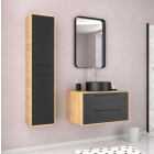Meuble Salle de Bains 80 cm avec vasque ronde miroir et colonne - Chêne naturel et Noir - UBY Aurlane - PACM263