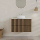 Meuble salle de bains 80cm 2 Tiroirs décor chêne et noir cranté - Plan et vasque blanche - YUKI Aurlane - PACM905