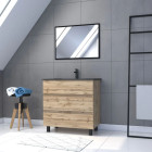Meuble salle de bains 80cm décor chêne naturel 3 tiroirs - Vasque noire et Miroir - TIMBER Aurlane - PACM227