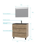 Meuble salle de bains 80cm décor chêne naturel 3 tiroirs - Vasque noire et Miroir Led - TIMBER Aurlane - PACM228