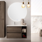 Meuble de salle de bain vasque déportée - 2 tiroirs - olympe et miroir rond led solen - britannia (chêne foncé) - 80cm