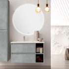 Meuble de salle de bain vasque déportée - 2 tiroirs - olympe et miroir rond led solen - ciment (gris) - 80cm