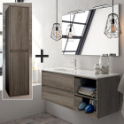 Ensemble meuble de salle de bain 120cm vasque déportée + colonne de rangement olympe - britannia (chêne foncé)