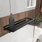 Pare baignoire rabattable 80x140 cm en verre trempé - porte-serviette et etagère noir mat Aurlane - FAC1013