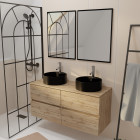 Meuble salle de bains 120cm 4 tiroirs chêne naturel, 2 vasques noires ø41cm et 2 miroirs 55x75 cm Aurlane - PACM764