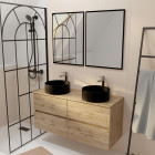 Meuble salle de bains 120cm 4 tiroirs chêne naturel, 2 vasques noires ø36cm et 2 miroirs 55x75 cm