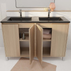 Meuble de salle de bains 120 cm 4 portes chêne clair + vasque double céramique noire - xenos Aurlane - PACM719