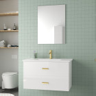 Meuble salle de bains 80 cm laqué blanc et or doré à tiroirs avec vasque céramique et miroir Aurlane - PACM699