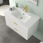 Meuble salle de bains 80 cm laqué blanc et or doré à tiroirs avec vasque céramique et miroir Aurlane - PACM699