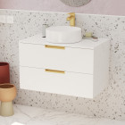 Meuble salle de bains 80 cm laqué blanc et or doré - 2 tiroirs - vasque ronde à poser blanche