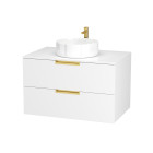 Meuble salle de bains 80 cm laqué blanc et or doré - 2 tiroirs - vasque ronde à poser blanche Aurlane - PACM675