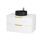 Meuble salle de bains 80 cm laqué blanc et or doré - 2 tiroirs - vasque ronde à poser noire Aurlane - PACM676