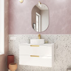 Meuble salle de bains 80cm laqué blanc et or doré 2 tiroirs - vasque blanche - miroir & applique led