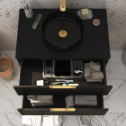 Meuble salle de bains 80cm noir mat et or doré 2 tiroirs - vasque noire - miroir & applique led Aurlane - PACM680