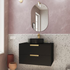 Meuble salle de bains 80cm noir mat et or doré 2 tiroirs - vasque noire - miroir & applique led