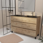 Meuble de salle de bains 120 cm 6 tiroirs chêne naturel + vasque double céramique noire - timber Aurlane - PACM712