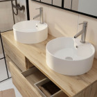 Meuble salle de bains 120cm 4 tiroirs chêne naturel - 2 vasques rondes 41cm en céramique blanche Aurlane - PACM750