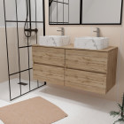 Meuble salle de bains 120cm 4 tiroirs chêne naturel - 2 vasques blanches effet marbre 38x38x13cm Aurlane - PACM754