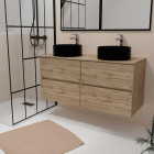 Meuble salle de bains 120cm 4 tiroirs chêne naturel - 2 vasques rondes 36cm en céramique noire Aurlane - PACM757