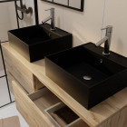 Meuble salle de bains 120cm 4 tiroirs chêne naturel, 2 vasques noires 41x41x15cm, 2 miroirs 55x75cm Aurlane - PACM765