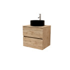 Meuble salle de bains 60cm 2 tiroirs chêne naturel + vasque ronde diamètre 41cm en céramique noire Aurlane - PACM736