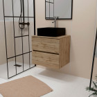 Meuble salle de bains 60cm 2 tiroirs chêne naturel + vasque carrée 41x41x15cm en céramique noire Aurlane - PACM737