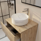 Meuble salle de bains 60cm 2 Tiroirs chêne naturel + Vasque ronde Ø36cm blanche effet marbre Aurlane - PACM739