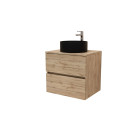 Meuble salle de bains 60cm 2 tiroirs chêne naturel + vasque ronde diamètre 36cm en céramique noire Aurlane - PACM741