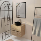 Meuble salle de bains 60cm 2 tiroirs chêne naturel + vasque ronde noire 36cm et miroir 60x80cm Aurlane - PACM760