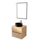 Meuble salle de bains 60cm 2 tiroirs chêne naturel + vasque ronde noire 36cm et miroir 60x80cm Aurlane - PACM760