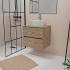 Meuble salle de bains 80cm 2 tiroirs chêne naturel + vasque ronde diamètre 41cm en céramique blanche Aurlane - PACM742