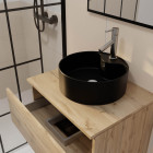 Meuble salle de bains 80cm 2 tiroirs chêne naturel + vasque ronde diamètre 41cm en céramique noire Aurlane - PACM744