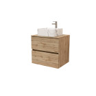 Meuble salle de bains 80cm 2 tiroirs chêne naturel + vasque carrée 38x38x13cm blanche effet marbre Aurlane - PACM746