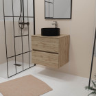 Meuble salle de bains 80cm 2 tiroirs chêne naturel + vasque ronde diamètre 36cm en céramique noire Aurlane - PACM749
