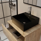 Meuble salle de bains 80cm 2 tiroirs chêne naturel + vasque carrée noire 41x41cm et miroir 60x80cm Aurlane - PACM762