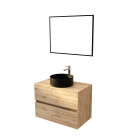 Meuble salle de bains 80cm 2 tiroirs chêne naturel + vasque ronde noire 36cm et miroir 60x80cm Aurlane - PACM763