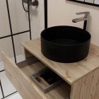 Meuble salle de bains 80cm 2 tiroirs chêne naturel + vasque ronde noire 36cm et miroir 60x80cm Aurlane - PACM763