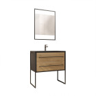 Pack meuble salle de bain 80 cm noir mat & bois 2 tiroirs - vasque noire effet pierre - miroir led Aurlane - LAV617
