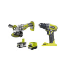 Pack ryobi - perceuse visseuse 18v one plus - r18dd2-0 - meuleuse d'angle 18v lithiumplus oneplus brushless - r18ag7-140s - 1 batterie 4,0 ah - 1 chargeur rapide