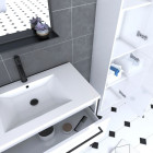 Pack meuble de salle de bain 80x50cm Blanc - 2 tiroirs blanc - vasque blanche + miroir noir mat Aurlane - PACM014