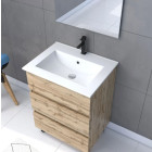 Pack Meuble SDB 60cm sur pieds 3 tiroirs Chêne - Vasque blanche + Miroir Led - TIMBER 60_Pack41 Aurlane - PACM251