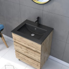 Pack Meuble SDB 60cm sur pieds 3 tiroirs chêne vasque noire + Miroir Barber - TIMBER 60 - Pack40 Aurlane - PACM250