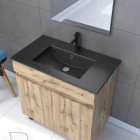 Pack Meuble SDB 80cm sur pieds 2 portes chêne vasque noire + Miroir Led - TIMBER 80_Pack23 Aurlane - PACM233