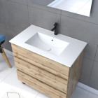 Pack Meuble SDB 80cm sur pieds 3 tiroirs Chêne -Vasque blanche + Miroir Led - TIMBER 80_Pack46 Aurlane - PACM256