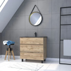 Pack Meuble SDB 80cm sur pieds 3 tiroirs chêne -Vasque noire + Miroir Barber - TIMBER 80_Pack44 - PACM254