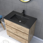 Pack Meuble SDB 80cm sur pieds 3 tiroirs chêne -Vasque noire + Miroir Barber - TIMBER 80_Pack44 - PACM254