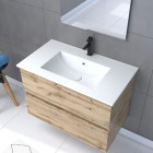 Pack Meuble SDB 80cm suspendu 2 tiroirs chêne - Vasque blanche + Miroir Led - TIMBER 80 - Pack37 Aurlane - PACM247