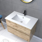 Pack Meuble SDB 80cm suspendu 2 tiroirs chêne Vasque blanche + Miroir Barber - TIMBER 80 - Pack38 Aurlane - PACM248