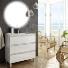 Meuble de salle de bain simple vasque - 3 tiroirs - palma et miroir rond led solen - blanc - 70cm
