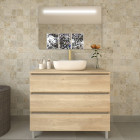 Meuble de salle de bain avec cuve arrondie PALMA et miroir Led STAM - Bambou (chêne clair) - 100cm